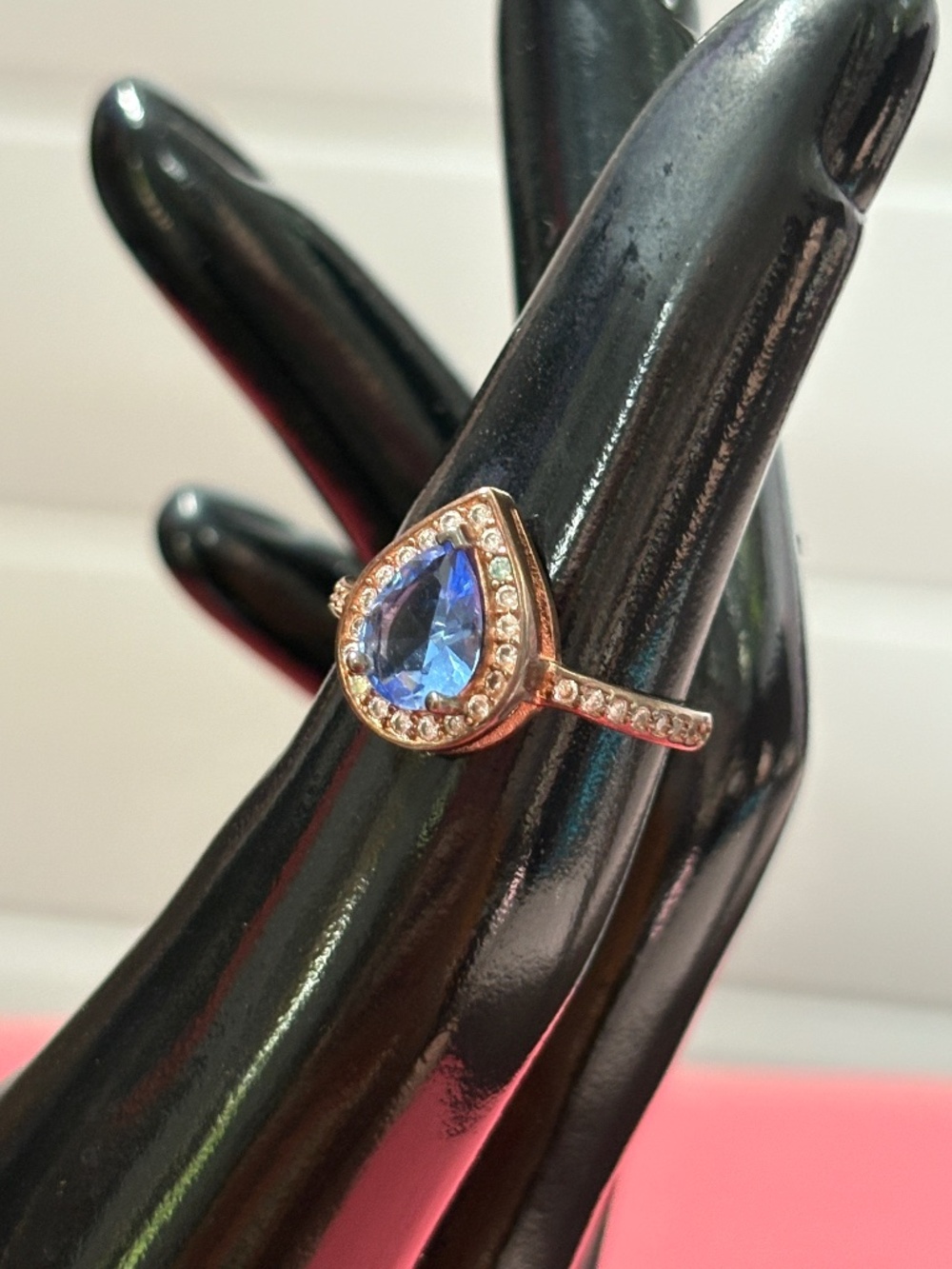 Diamonique Blue Pear-Cut CZ Halo Sterling Silver Ring